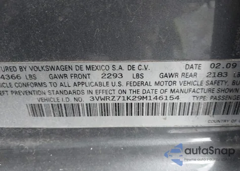 2009 Volkswagen Jetta Se z USA, uszkodzony, nr VIN 3VWRZ71K29M146154